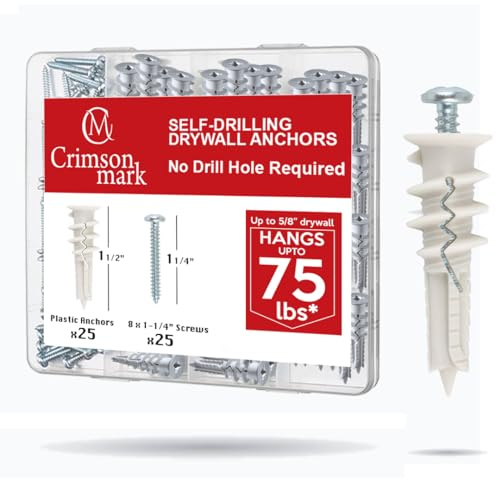 CrimsonMark 50Pcs Self Drilling Drywall Anchors and Screws kit #8 x 1-1/4”- Superb Wall Anchors for Drywall, Holds Upto 75lbs – No Drill Hole Required with These Drywall Screws and Anchors