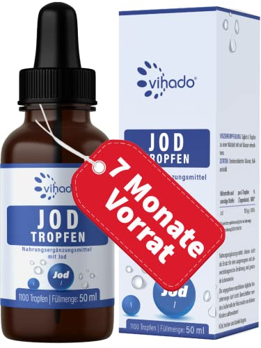 Vihado Jod Tropfen hochdosiert, 7 Monate Sparpaket, Schilddrüsen-Formel, vegan, schneller als Jod Tabletten, 50 ml, 1100 Tropfen