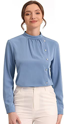 Allegra K Elegant Office Shirts for Women's Stand Collar Button Decor Long Sleeve Vintage Blouse Small Blue Gray