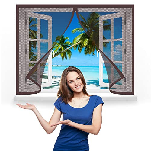 Magnet Fliegengitter Fenster 110 x 90 cm, Insektenschutz Feines undurchdringliches Gitter, vollmagnetisch, schließt automatisch für Alle Arten von Fenstern, Braun