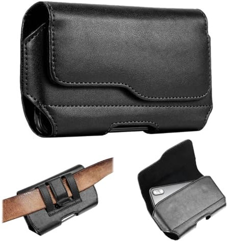 NHPY Porta Cellulare da Cintura in Vera Pelle per Smartphone, Porta Telefono Orizzontale con Clip Universale, Compatibile con Galaxy S24 S23 S22 S21 A54 A55 e IPHON 15 14 13 12 11, Nero