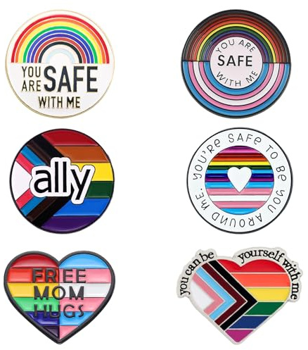 Mintolex 6PCS LGBTQ+ Pride Pins Set Progress Pride Ally Pin Badges Flag Button Rainbow Enamel Brooch You're Safe with Me Can Be Yourself Free Mom Hugs LGBT Gay Lesbian Trans Accessories, 6pcs