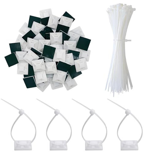 jatimdotin 200 Pezzi Fascette Stringicavo, Fascette Plastica Bianco Con 100 Pezzi Fermacavi Adesivi, 150mm x 2.5mm Fascette Stringicavo Ideali per Cablaggi Elettrici, Giardinaggio