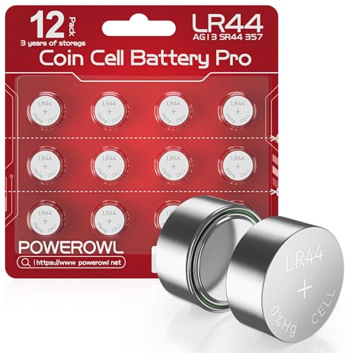 POWEROWL 12 Pcs AG13 Button Cell Battery for Car Keys, Christmas decorations, Bottle Lights, and household items (Red)