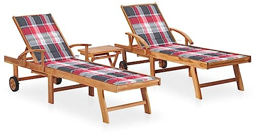 QZZCED Lettino da giardino in legno di teak con tavolino e cuscino, 3 posizioni regolabili e 2 ruote, per patio, esterno e terrazza, struttura durevole e accogliente, poggiapiedi