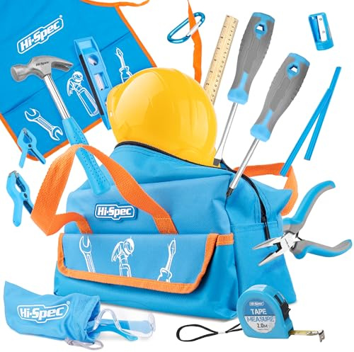 Hi-Spec 18-Piece Kids Tool Kit – Real Metal Tools with Tool Bag, Work Apron & Play Hat for Boys & Girls Ages 6 and Up