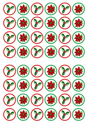 Christmas Holly & Poinsettia, Festliche Oblatenkartendekoration mit Stechpalme und Weihnachtsstern für Weihnachtsfeiern und Feiertagsbacken, 48 x 3 cm große Scheiben (ungeschnitten)