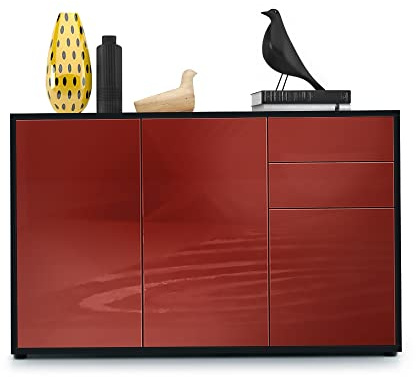 Vladon Sideboard Ben V3, Kommode mit 3 Türen und 2 Schubladen, Schwarz matt/Bordeaux Hochglanz (117 x 74 x 36 cm)