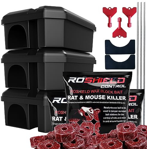 ROSHIELD External Tamper Proof Rodent Boxes & Wax Bait Rat Killer Poison Block Kit (3 Boxes & 300g Blocks)