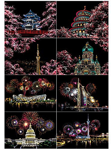 SiYear Croquis de Peinture Arc-en-Ciel en Papier Artistique, scène de Nuit de la série City, Cadeau créatif pour Peinture à gratter, Panneau d'affichage pour Adulte et Enfants avec 4 Outils (8PACK)