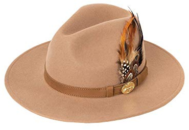 Rydale Unisex Fedora Mens & Womens Wool Felt Hat with Suede Band and Feather Decoration (Beige, Medium)