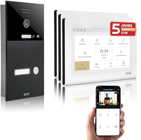 GVS IP Video Türsprechanlage mit Türöffner, 3X 7 Zoll Monitore & App | Smarte Video Türklingel mit Kamera und Monitor & App - Gegensprechanlage für 1 Familienhaus (AVS1324U)