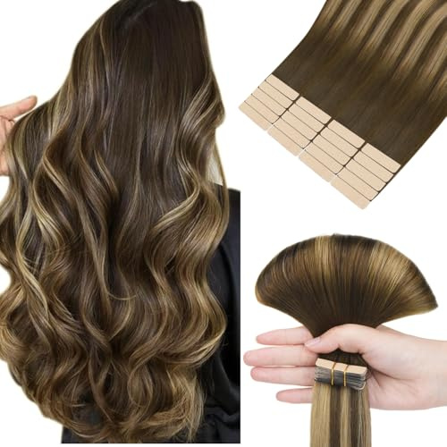 hotbanana Tape in Extensions Echthaar 35cm | Remy Hair Invisible Schokoladenbraun bis Karamellblond Haarverlängerungen Echthaar Tapes 20PCS 50g