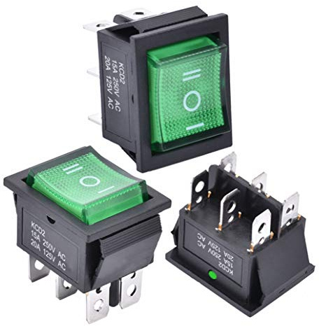 APIELE 3 Stücke Kippschalter,3 Position EIN-Aus-EIN mit LED-Schalter DPDT 6 Pins Wippschalter,250V 16A Taste Rocker Kippschalter Für Häuser, Industrie,DIY KCD2-203N (Grün)