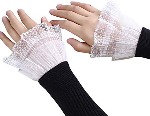 MEIBAOGE 1 Paar Koreanische Frauen Mädchen Gefälschte Ausgestellte Ärmel Spitze Plissee Geraffte Falsche Manschetten,Fake Cuffs-White