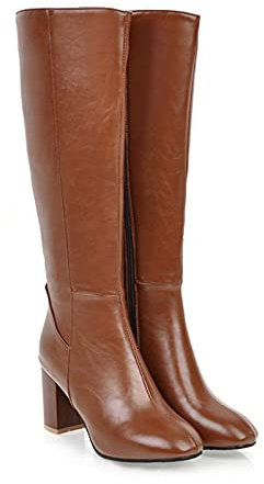 Hotberry Damen Stiefeletten Warme Lange Stiefel Hohe Boots Elegante Sexy Runde Zehe Plattformen High Heel Frauen Herbst Winter Reißverschluss PU Lederstiefel Schuhe, Braun, (38 EU)