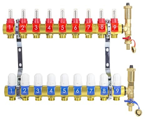 Messing Fußbodenheizungsverteiler Komplettset - 9 Heizkreise