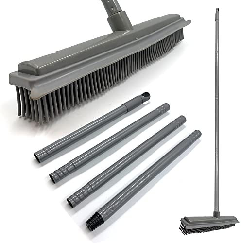 Rubber Broom with 120cm Multi-Section Metal Handle, 31cm Wide Rubber Brush Head with Built-in Squeegee − Soft Broom Indoor, Carpet Sweeper, Spill Cleaner, and Pet Hair Remover