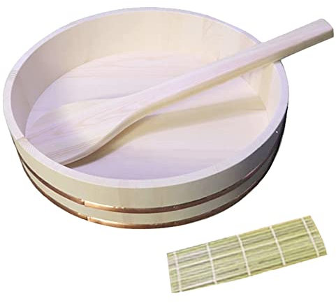 WSHA Wooden Sushi Rice Mixing Tub Bowl with 2PCS Making Accessory(Spoon & Sushi Curtain), Hangiri Rice Bucket for Making Japanese Sushi and Korean Rice Mixture,30x7.5cm