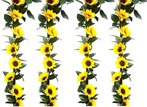 XNSHUN 4 Stück Sonnenblumen Girlande Künstlich, 2.5M Fake Blumen Girlanden Gefälschte Seidenblumen Mit Grünpflanzen, Blumen Girlande Hängend Reben Für Hochzeit Bogen Party Haus Garten Dekoration