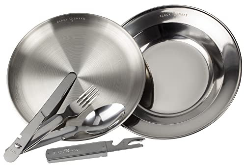 Black Snake® Edelstahl Teller Set - flach & tief mit Campingbesteck - robustes Essteller-Set für Outdoor, Camping, Trekking & Picknick - 1 Person
