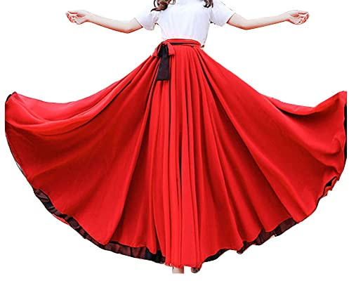 GUOCU Donne a Doppia Faccia Professionista Pratica Gonna a Ruota di Danza in Chiffon Flamenco a Lungo Spettacolo Grande Gonna Svasata Vestito di Danza del Ventre con Cravatta in Vita Brosso L