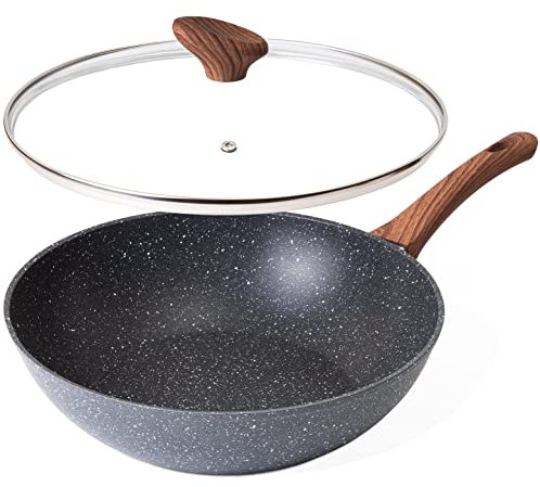 nuovva Induction Non Stick Wok Pan – Deep Stir Fry Pan with Lid – 28cm Frying Pan with Induction Base