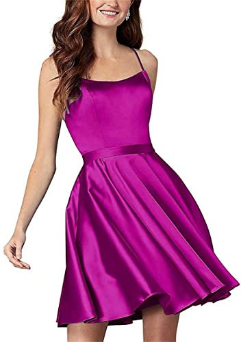Vestidos cortos de regreso a casa con cuello en V para mujer, para jóvenes, 2023, con tirantes delgados, vestido de graduación con bolsillo, fucsia, 36
