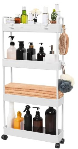 4-Tier Slim Rolling Storage Cart on Wheels, Slide Out Thin Utility Cart Kitchen Trolley with Wheels, Narrow Storage Trolley Pull Out Plastic Mobile Shelving Unit for Bathroom, Small Spaces