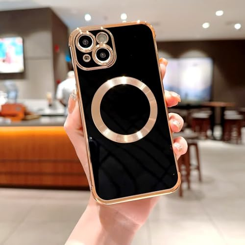 POUHYE Magnetische Hülle für iPhone 15 Handyhülle, Flexible Silikon TPU Galvanisierte Case Cover für Mädchen Frauen, Volle Kamera Objektiv Schutzhülle Kompatibel mit MagSafe Schwarz