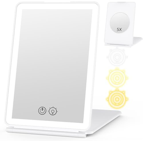 WEILY Specchio Trucco con Luci, 5X Specchio Ingranditore, 3 Dimmerabile Coloria Touch Screen Specchio Led, USB Ricaricabile Specchio con Luce, per Viaggi (Bianco)