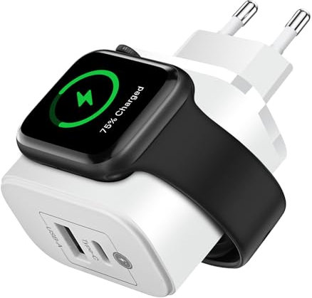 3 In 1 Ladestation Apple Watch für iPhone, 2 Ports Schnellladegerät mit USB-C und USB-A, USB C Ladegerät Steckdose Netzteil für Apple Watch 1-8/SE/Ultra, für AirPods Pro/3/2, für iPad, mit 60W Kabel