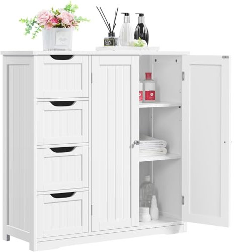 Yaheetech Armario Baño de Suelo Mueble Baño con 4 Cajones Mueble Auxiliar Cómoda Armario con 2 Puertas, Estante Ajustable 81x30x83 cm Blanco