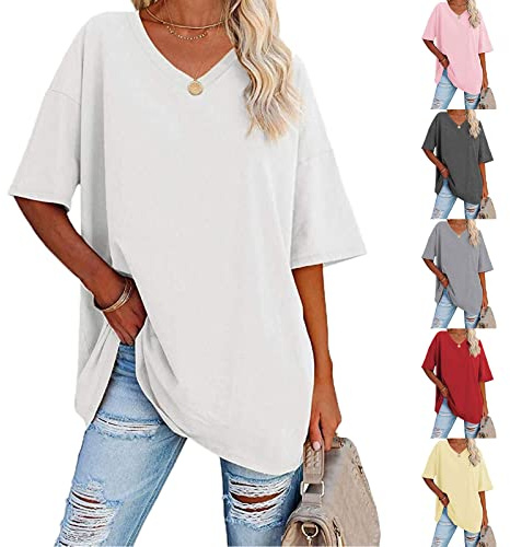 Femme T-Shirt à Manches Courtes Col V Top d'été Oversize Basique Coupe Ample Tee Casual Sport T Shirt Long Femme