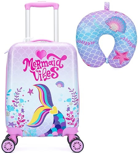 HTgroce 2pcs Kinderkoffer mit Rucksack, Kids Trolley, Kindergepäck mit Rollen, Reisekoffer mit Teleskopgriff, Hartschalenkoffer für Kinder, Kindertrolley Nackenkissen