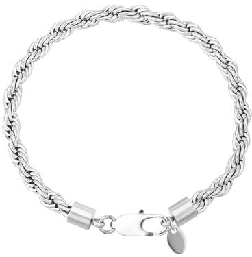 KRKC 6mm Herren Kordelkette Armband, 18K Gold Vergoldet/Silber Farbe Edelstahl Rope Kordelarmband, Vatertag Geschenk Hip-Hop Nickelfrei Gedreht Ambänder für Männer Herren Länge 17-22cm