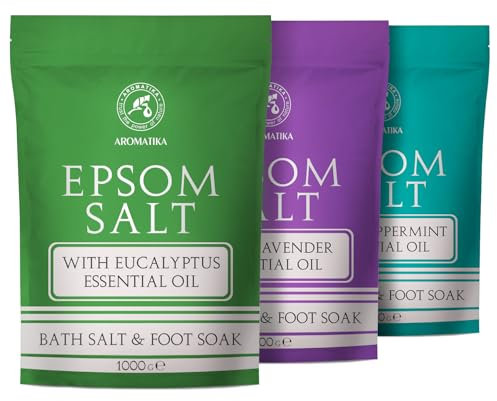 Sal de baño de Epsom Set 3х1000 g - Sal de Baño de Epsom con Aceite Esencial de Eucalipto & de Lavanda & de Menta - Sulfato de Magnesio Concentrado - Sales de Baño - Cuidado de Piel - Relajantes