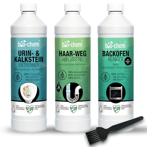 Bio-Chem - Basic Set de 3 produits menager pour l'entretien de la maison - Nettoyant urine et calcaire - Déboucheur de canalisations - Nettoyant four, poêles, casseroles