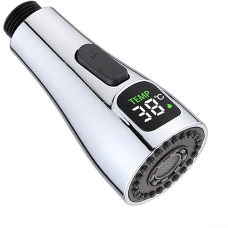 Besshepplo Cabezal giratorio para grifo de cocina, boquilla de repuesto extraíble, pantalla digital, cabezal de ducha extraíble para cocina (cromo)