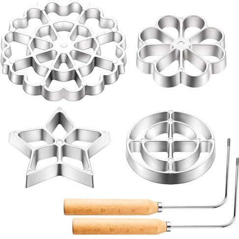 6 Pcs Rosette Iron Bunuelos makers with Handle Rosette Iron with 4 Interchangeable Heads Cookie Bunuelos Tool Aluminum Waffle makers Star Flower Circle for Kitchen Baking Cooking