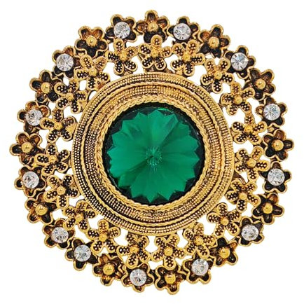 Vintage Brosche mit Smaragdgrünem Kristall, Antik-Gold Finish, Blumenmuster mit Strasssteinen