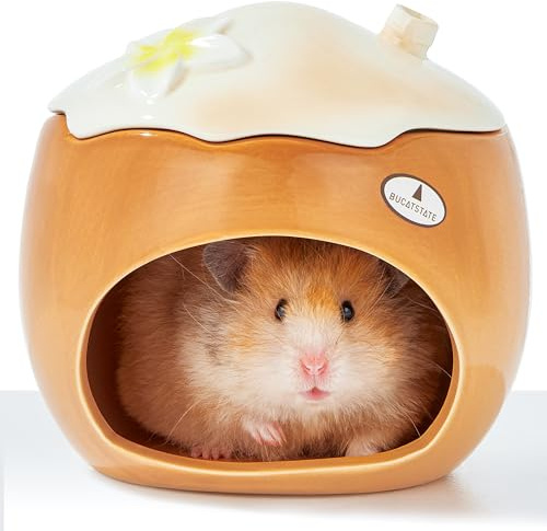 BUCATSTATE Hamster Versteck aus Keramik in Kokosnuss-Form, geeignet für Zwerghamster, Mäuse, Syrische Hamster, Rennmäuse, Goldhamster und andere Kleintiere (Braun – Groß)