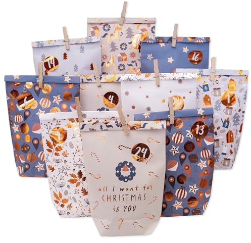 Papierdrachen Adventskalender 2025 – 24 bedruckte Papiertüten zum Selbstbefüllen - Hyggewald - 24 Zahlensticker und Holzklammern - 6 Designs - Weihnachten
