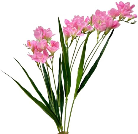 4pcs Freesias Flowers Artificial with Long Stem,24Real Touch Dendrobium Plants Fake Orchid Leaves,Faux Larkspur Flowers for Outdoor Table Garden Party Wedding Bouquet Fillers,Patio Decor (Pink)