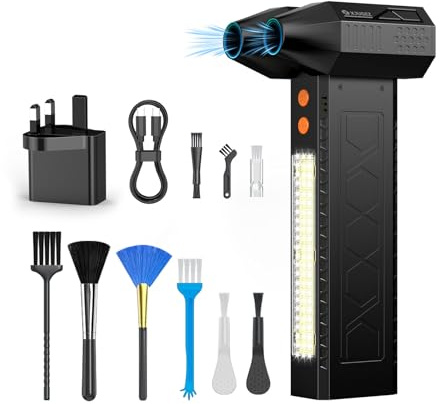 XJUGEZ Elektrische Staubgebläse, Wiederaufladbar Staubgebläse mit zwei Luftauslässen und Taschenlampe für Camping, 180.000 U/min Mini-Gebläse mit 4 Windgeschwindigkeit fürs Auto, Indoor und Outdoor
