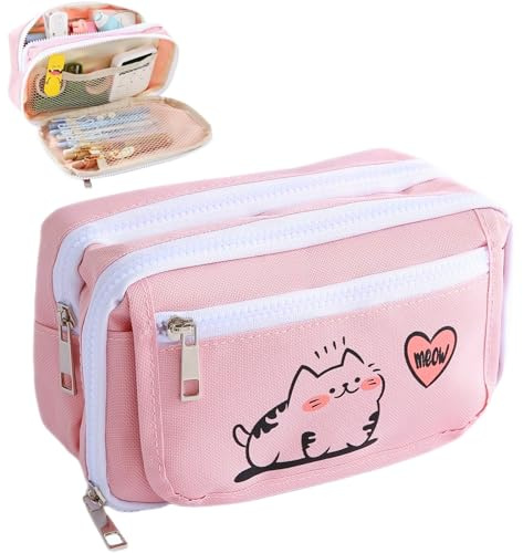 WW STYLE Federmäppchen Mäppchen Schulmäppchen Federmappe Federtasche Stifttasche Schlampermäppchen, Etui Schule, Motiv süße Katze, rosa, für Kinder Mädchen Teenager Jugendliche Schüler Studenten
