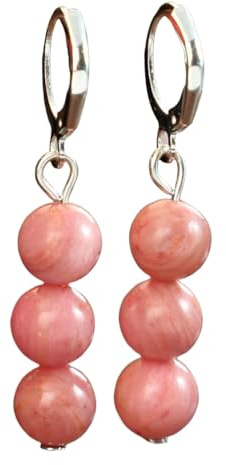 Klassische Handgefertigte Edelstein Ohrringe mit Rhodonit 3 Perlen, Tropfen Ohrringe für Damen und Teenager, Leverback Statement, Party Schmuck für Reisen und Strand