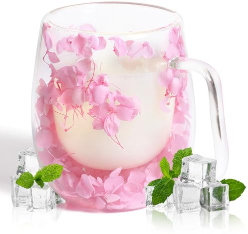 AWSOLAR Doppelwandige Kaffeegläser 350ml, Getrocknete Blumen Glastasse, Teeglas Doppelwandig Geschenke für Frauen Mutter Frau Lehrer Freund