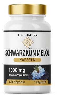 GOLDMERY Schwarzkümmelöl Kapseln 1000 mg Äquivalent – 120 Vegane Kapseln – Kaltgepresstes Nigella Sativa Öl – Hochdosiert & Laborgeprüft