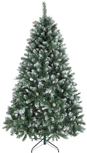 HOMCOM Albero di Natale Innevato Alto 180 cm con 910 Rami, Albero di Natale Artificiale da Interno con Pigne Decorative, Base in Metallo Pieghevole, Verde